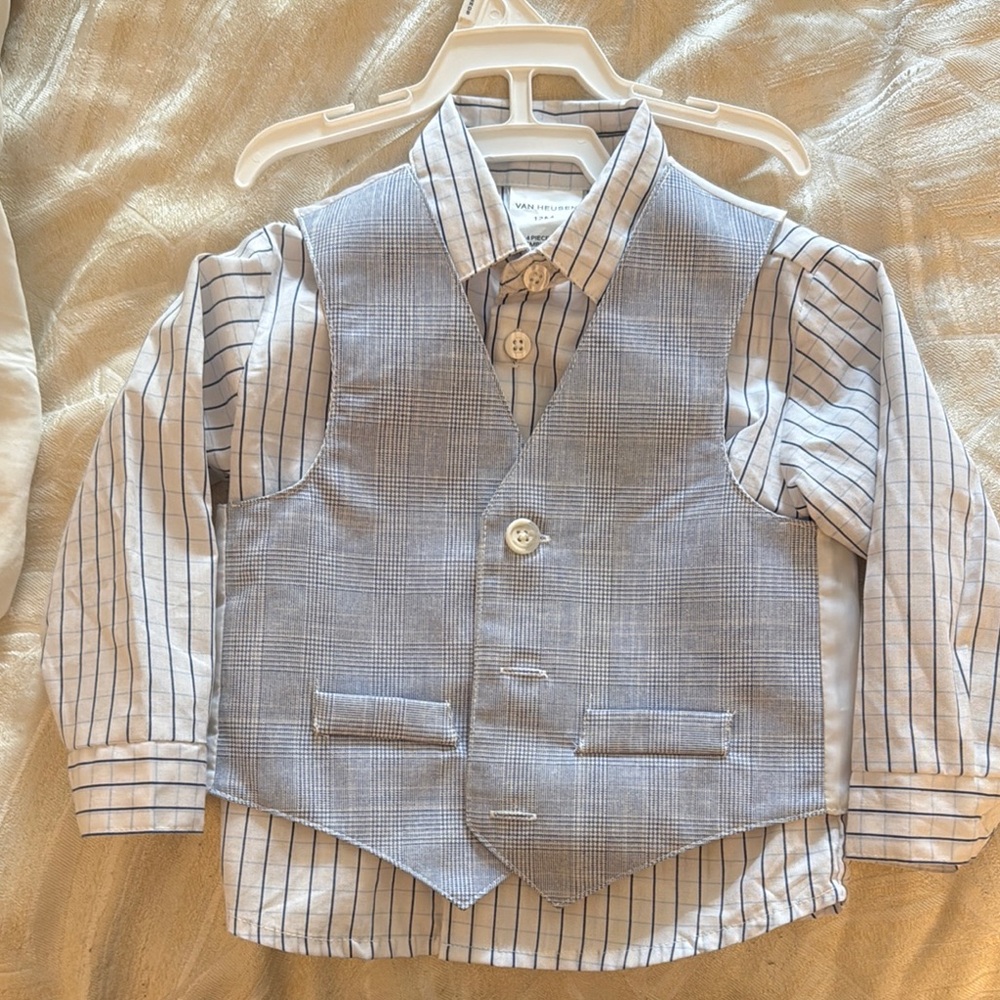 Baby Blue Plaid Vest and Striped Shirt Set